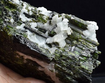 May include: A large, dark green and black specimen of actinolite with white calcite crystals. The actinolite crystals are long and slender, and the calcite crystals are small and clustered.