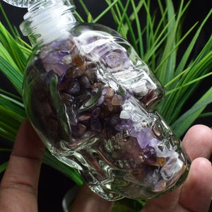 Crystal Wishing Bottle With Gem Stone Skull,Glass Skull Bottle,Healing Stones Crystal Chakra Stones Wish Bottles,Auralite 23