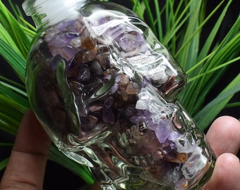 Crystal Wishing Bottle With Gem Stone Skull,Glass Skull Bottle,Healing Stones Crystal Chakra Stones Wish Bottles,Auralite 23
