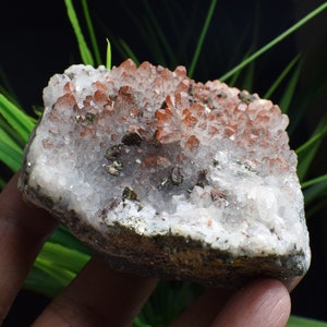 Calcite di calcopirite con cluster di cristallo rosso, minerale di rame, calcopirite su roccia, cluster di rame, intercrescita di calcite calcopirite B1623