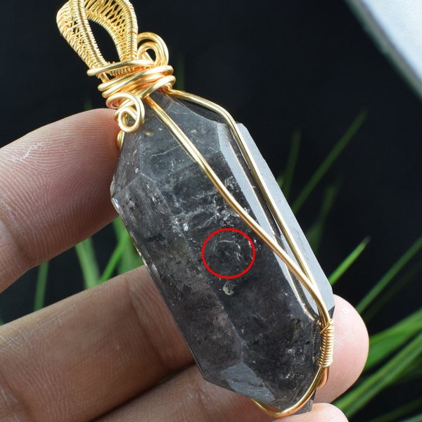 Tibetan Himalayan Black Phantom Enhydro Quartz Crystal Pendant Jewelry,Double Terminated Crystal Necklace DT,Mineral Specimens,B520