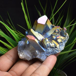 176g Aura Titanium Quartz Crystal Cluster Point, Purple Rainbow Titanium Coated Crystal,Rock Collection 02