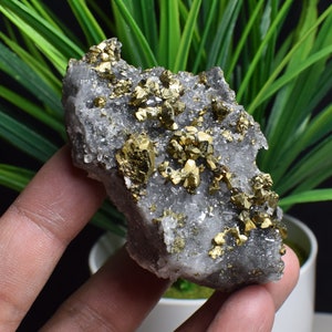 Cluster di cristallo di calcite di calcopirite naturale grezza, minerale di rame, calcopirite su roccia, cluster di rame, intercrescenza di calcite calcopirite C668