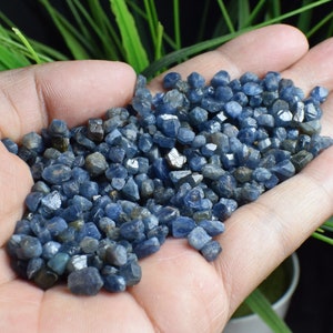 May include: A close-up of a handful of small, rough, blue sapphire crystals. The crystals are various shades of blue and have a natural, unpolished look.