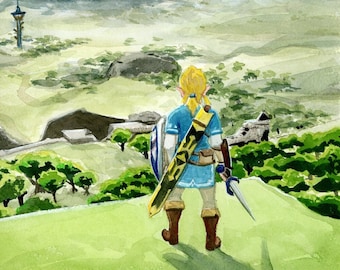 BOTW fan art Watercolor Print. / Link on the Plateau Painting/ Legend of Zelda