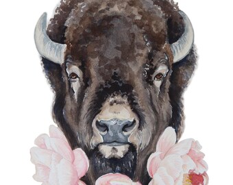 8x10 Bison and Peony watercolor painting PRINT / Buffalo watercolour florals