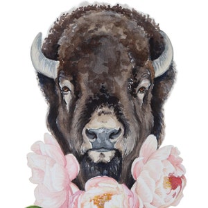 8x10 Bison and Peony watercolor painting PRINT / Buffalo watercolour florals