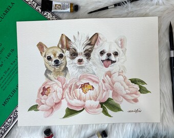 Custom Watercolor Multiple Pet Portrait: Hand-Painted Dog & Cat Art