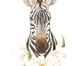 8x10 Zebra and Magnolia watercolor painting PRINT / Animal Art watercolour florals