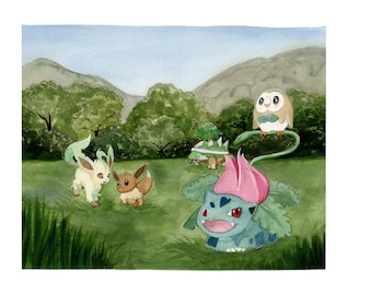 Pokemon fan art watercolor print / watercolour grass fire types /Evee Charizard Vulpix