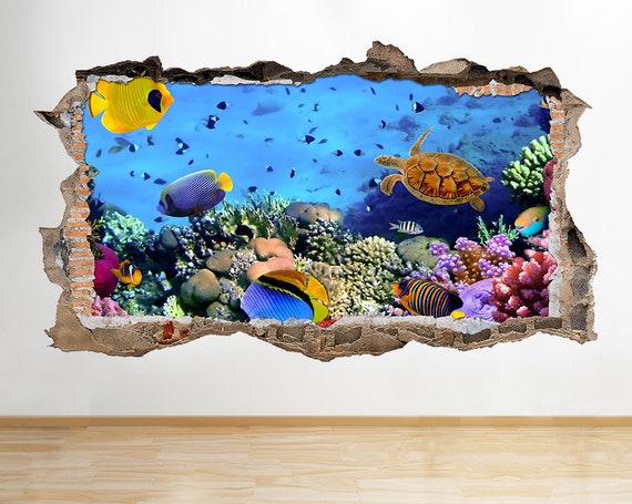 W037 Aquarium Fish Ocean Sea Coral Decal Canvas 3d Smashed Hole Wall Vinyl Room Kids Bedroom Baby Nursery Poster Livingroom Boys Girls Mural