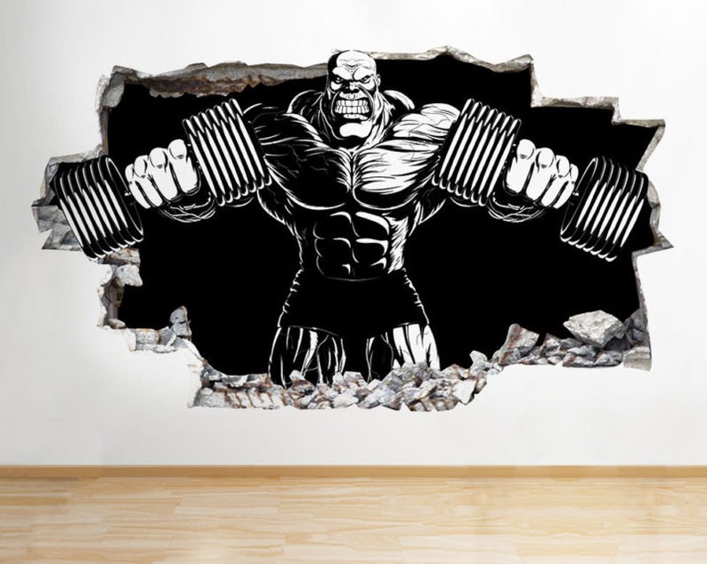 c121 bodybuilder gym exercise cool smashed wall decal 3d art | etsy