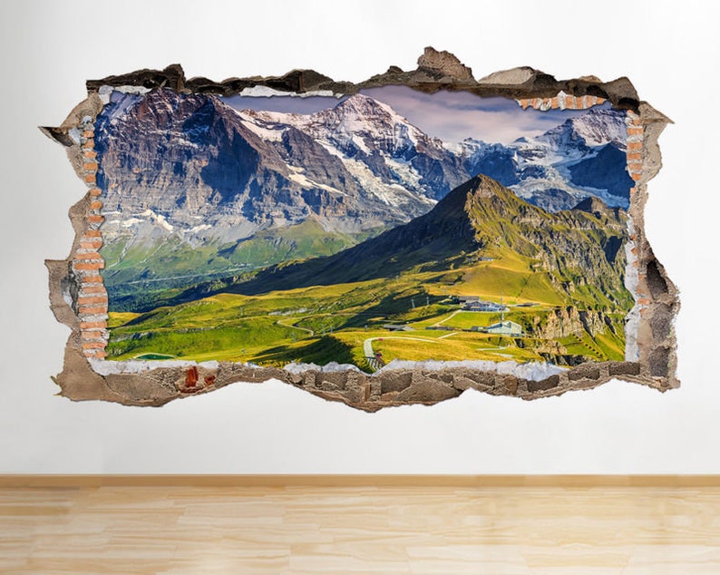 S506 Mountains Switzerland Snow Smashed Wall Decal 3D Art Stickers Vinyl Room