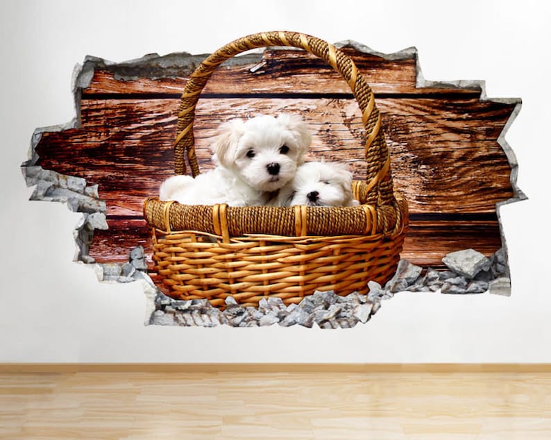 56x32 C874 Puppy Dog Cute Basket Bedroom Smashed Wall Decal 3D Art Stickers Vinyl Room Medium