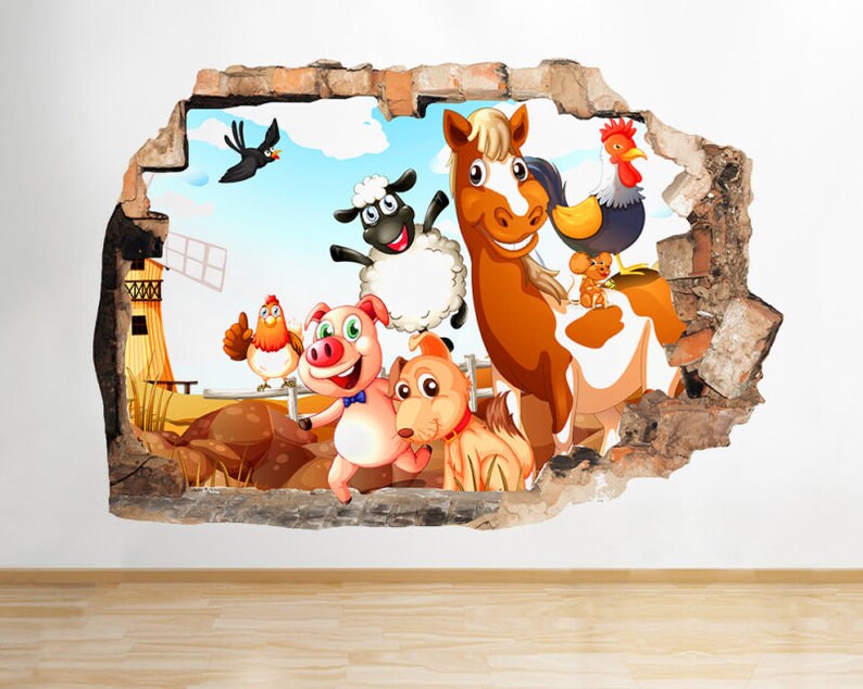 Q502 Farm Animal Cartoon Kids Cool Smashed Wall Decal 3D Art Stickers Vinyl Room