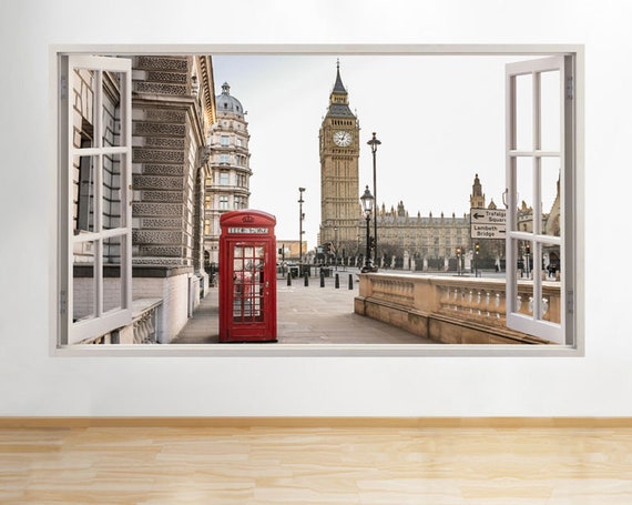 h828 red phone box london big ben window wall decal 3d art | etsy