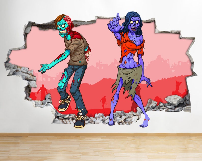 AA511 Zombie Scary Cartoon Horror Smashed Wall Decal 3D Art Stickers Vinyl Room Kids Bedroom Baby Nursery Poster Livingroom Boys Girls Mural