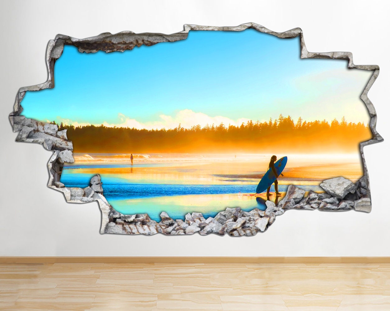 Wall Stickers Summer Beach Ocean Blue Sky Smashed Decal 3D Art Vinyl Room AA172