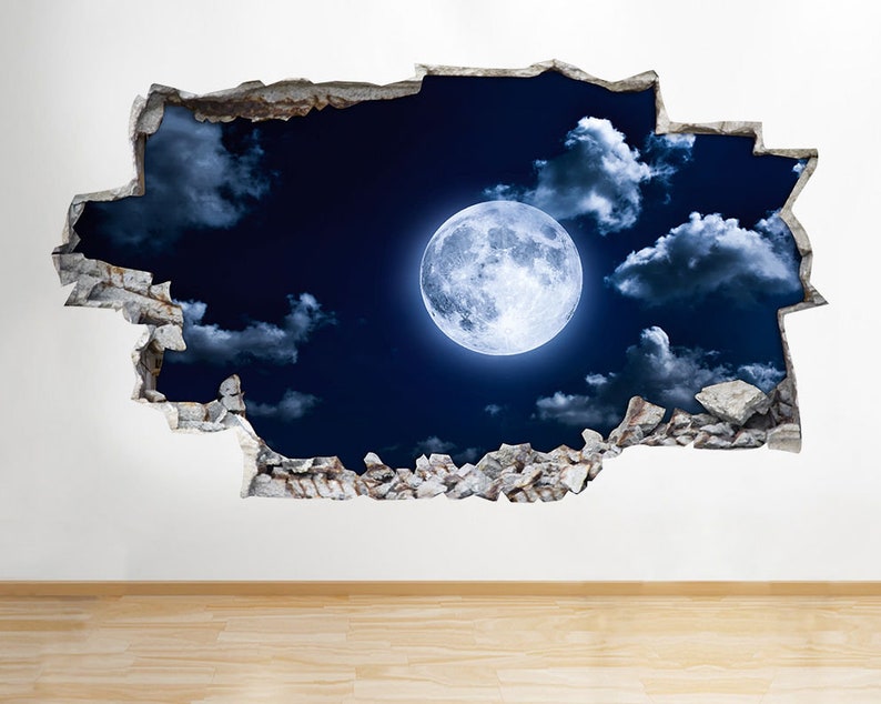 Moon Stars Bedroom Night Scene Beautiful Smashed Wall Decal 3D Art Stickers