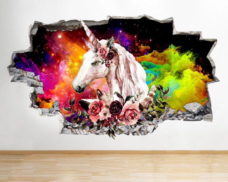 J303 Magical Unicorn Colours Girls Smashed Wall Decal 3D Art Stickers Vinyl Room Large 92x52