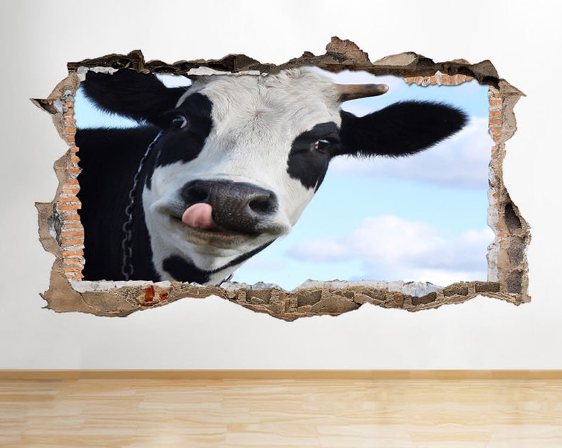 S257 Cow Cute Funny Tongue Animals Smashed Wall Decal 3D Art Stickers Vinyl Idea