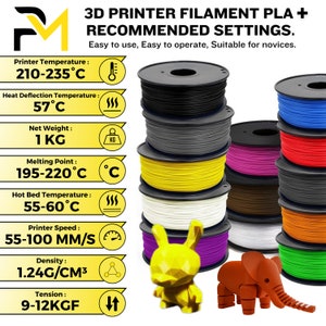 Pu&ograve; includere: Primo piano di una variet&agrave; di colori di bobine di filamento per stampante 3D. Il filamento &egrave; PLA+ e le impostazioni consigliate per la stampa con questo filamento sono elencate sul lato sinistro dell'immagine. Le impostazioni includono la temperatura della stampante, la temperatura di deflessione termica, il peso netto, il punto di fusione, la temperatura del letto caldo, la velocit&agrave; di stampa, la densit&agrave; e la tensione.