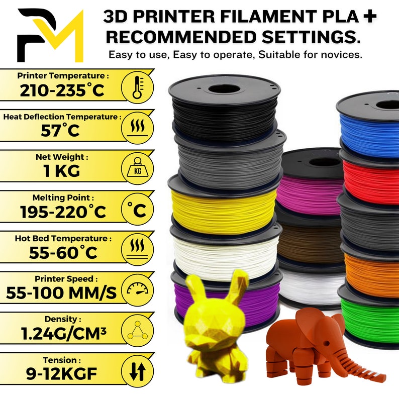 Pu&ograve; includere: Primo piano di una variet&agrave; di colori di bobine di filamento per stampante 3D. Il filamento &egrave; PLA+ e le impostazioni consigliate per la stampa con questo filamento sono elencate sul lato sinistro dell'immagine. Le impostazioni includono la temperatura della stampante, la temperatura di deflessione termica, il peso netto, il punto di fusione, la temperatura del letto caldo, la velocit&agrave; di stampa, la densit&agrave; e la tensione.