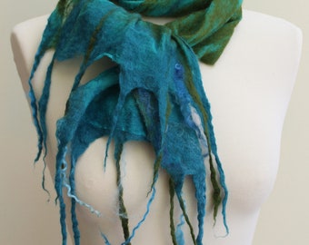 nunofelted scarf, felted acessory, small silk scarf, felted silk scarf, blue scarves, wearable art, handmade item, gift for her