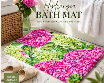Cape Cod Hydrangea Bath Mat, Pink Floral Coastal Cottage Rug, Non-Slip Soft Bathroom Runner