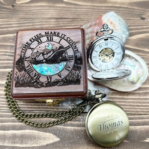 Engraved Pocket Watch in Exquisite Abalone Decorated Keepsake Box Personalized Gift for Special Occasions image 1