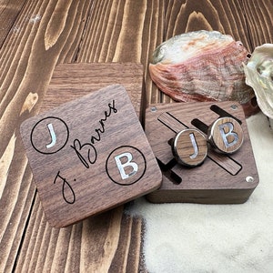 Personalized Cufflinks Engraved Gift in Wooden Box Custom Gift for Him Groomsman Cuff Links & Tie Clip Set