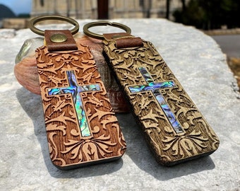 Custom Religious Wood Keychain Gift - Abalone Shell Inlay Decorated Wooden Keychain