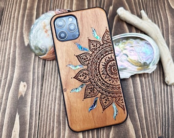 iPhone 15, 14, 13, Pro Max case, Samsung Galaxy S24, S23, S22 ultra Mandala design, personalized gift abalone shell inlay phone case