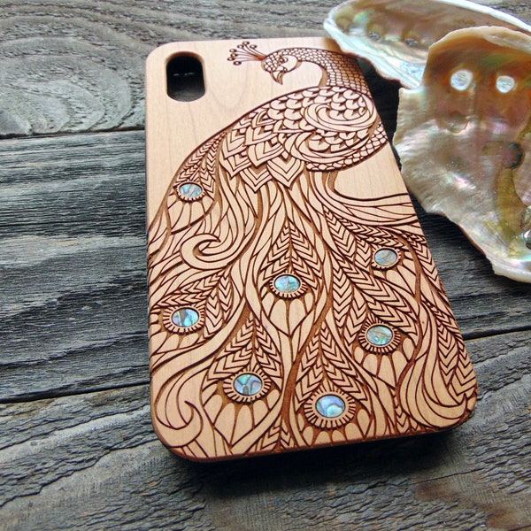 iPhone 15, 14, 13, 12 Pro Max case, Samsung Galaxy S22 ultra, S21, pixel 6, 6A Peacock design, abalone shell inlay phone case