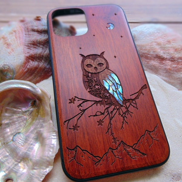 Handcrafted iphone 15, 14, 13 pro max case, Owl Design Wood Phone Case For iPhone, Samsung Galaxy S24, S23 cases