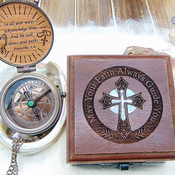 Personalized Baptism gift, Confirmation gifts for boys, Compass in Wooden Box for Baptism - First Holy Communion gift - Christening Boy Gift
