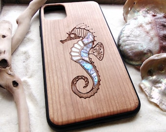 iPhone 15, 14, 13, 12 Max case, Samsung Galaxy s24, S23,  S22 ultra, Seahorse design, abalone shell inlay phone case