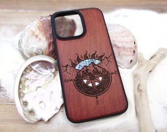 iPhone 15, 14, 13 pro max case, galaxy S22 ultra S21, pixel 6 sun and compass design personalized gift for her wood phone case