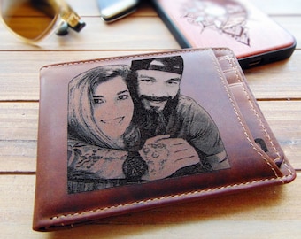 Personalized wallet gift for him, photo engraved leather mens wallet, Christmas, anniversary birthday gift, slim RFID blocking, gift for men