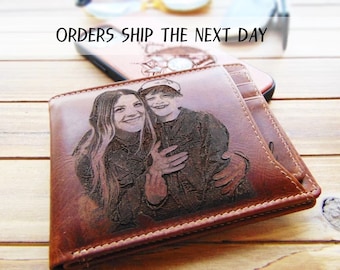 Personalized photo engraved leather wallet, Christmas, birthday, anniversary gift for men, slim RFID Blocking wallet and Cardholder