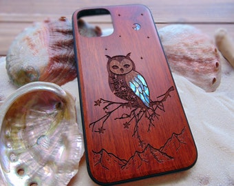 Handcrafted iphone 16, 15, 14, 13 pro max case, Owl Design Wood Phone Case For iPhone, Samsung Galaxy S24, S23 cases