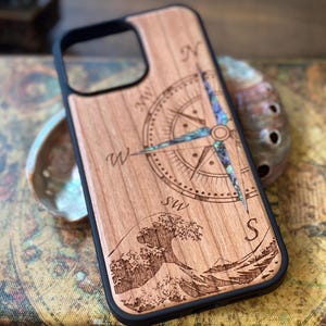 iPhone 16, 15, 14, 13, Pro Max Hülle, Samsung GalaxyS24, S23, S22 ultra, Kompass Design, personalisiertes Geschenk Abalone Muschel Inlay Handyhülle
