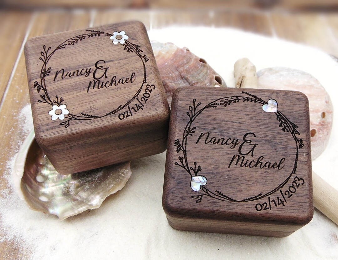 Personalized Engagement Ring Box for Wedding Ceremony, Custom Engraved Walnut Ring Bearer Box