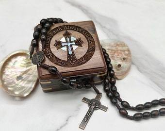 Rosary Necklace in wooden keepsake box - Boho Chic Religious Jewelry
