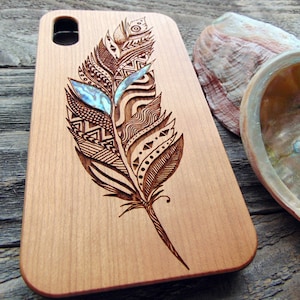iPhone 16, 15, 12, 13, 14 PRO MAX, feather design wooden phone case for Samsung S24,23 Galaxy S22 ultra phone case with abalone shell inlay