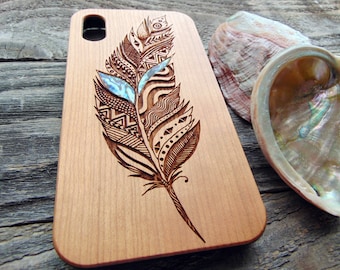 iPhone 15, 12, 13, 14 PRO MAX, feather design wooden phone for Samsung S24,23 Galaxy S22 ultra phone case with abalone shell inlay