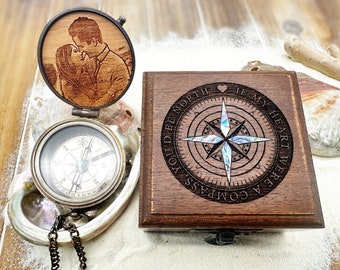 Personalized Compass, Birthday Gift for Him, Engraved Compass in Shell Inlay Decorated Wood Box, Christmas Gift for Boyfriend