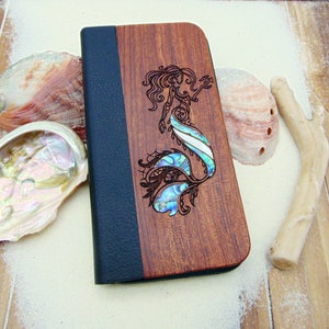Funda de teléfono tipo billetera, iPhone 11, 12, 13 Pro Max, diseño de sirena, funda de madera grabada con concha de abulón, regalo de cumpleaños personalizado