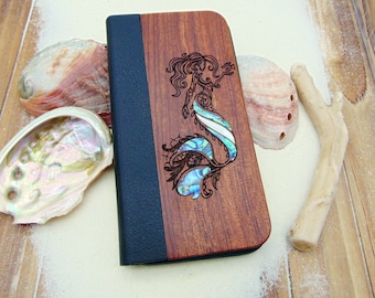 Wallet phone case, iphone 11, 12, 13 pro max Mermaid design engraved wood case with abalone shell, personalized birthday gift