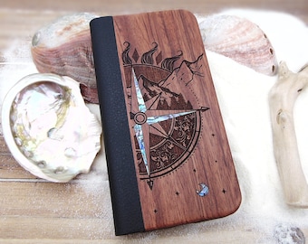 Wallet phone case, iphone 11, 12, 13 pro max Sun and compass design engraved wood case with abalone shell, personalized birthday gift